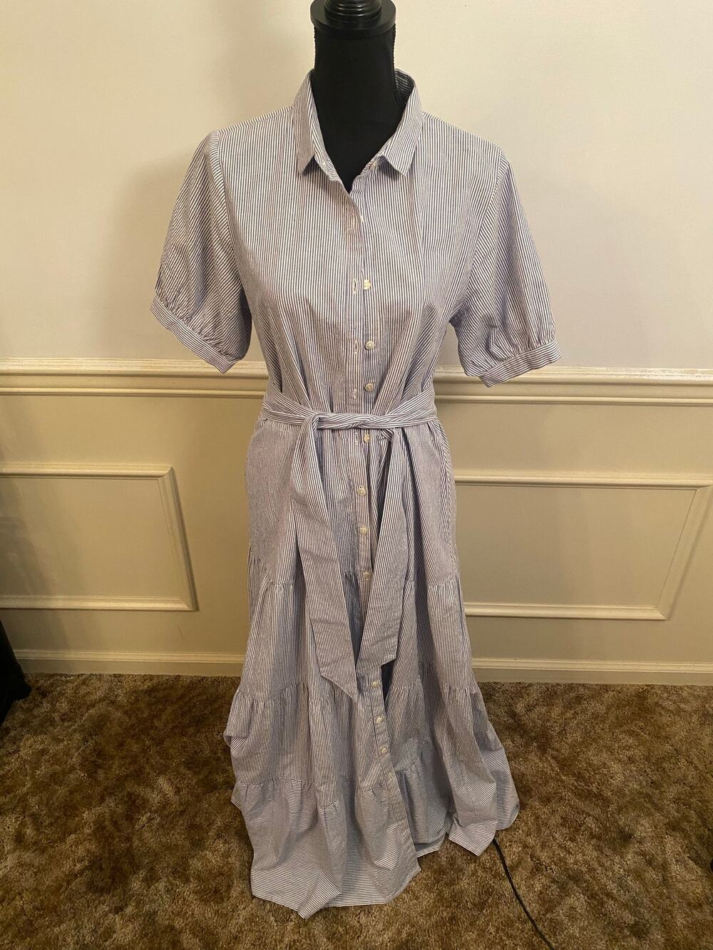 Gingy Tiered Cotton Blue White Striped Seersucker Maxi Shirt Dress Button Front